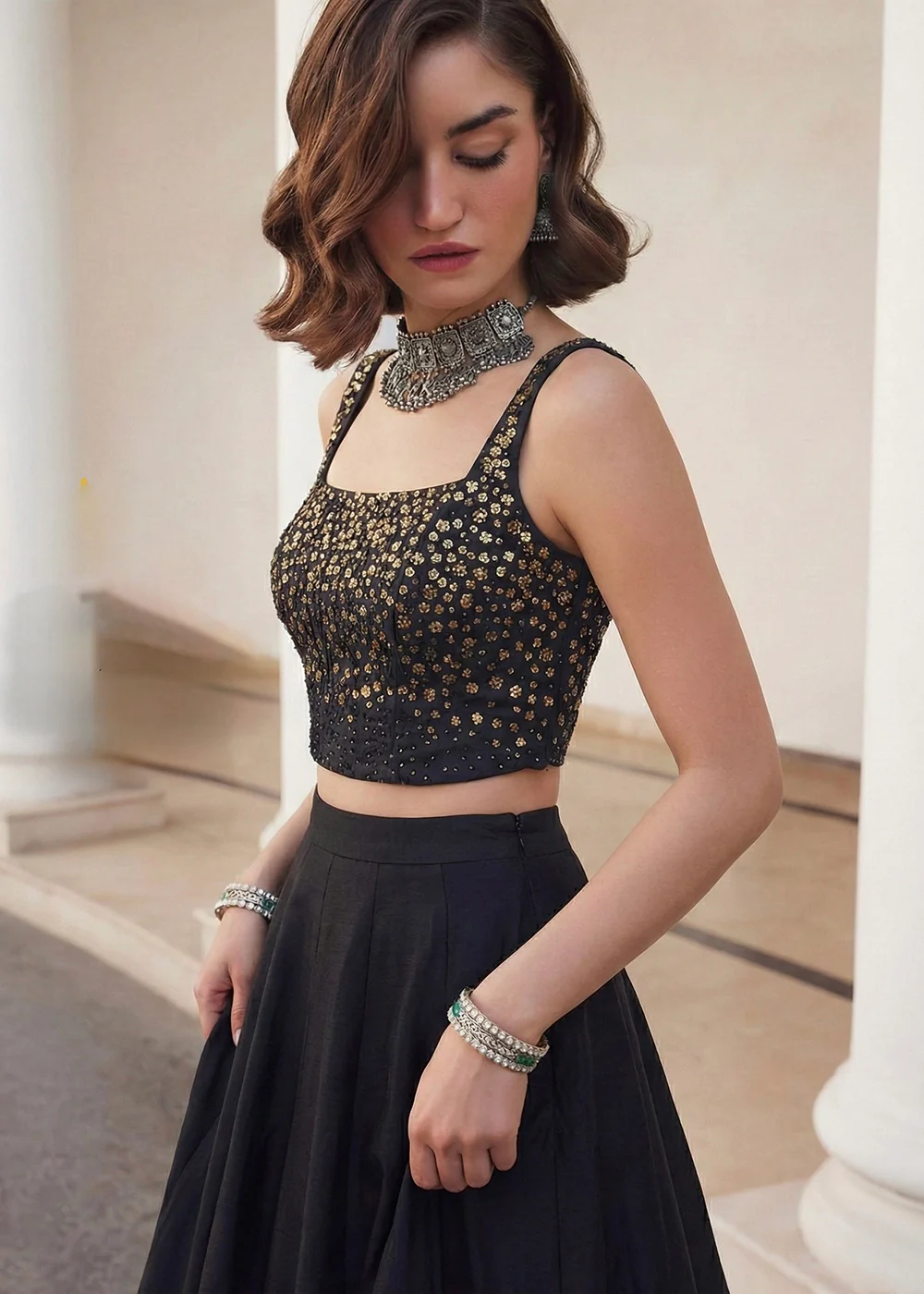 Black Crop Top Style Silk Party Wear Lehenga Set - Image 6