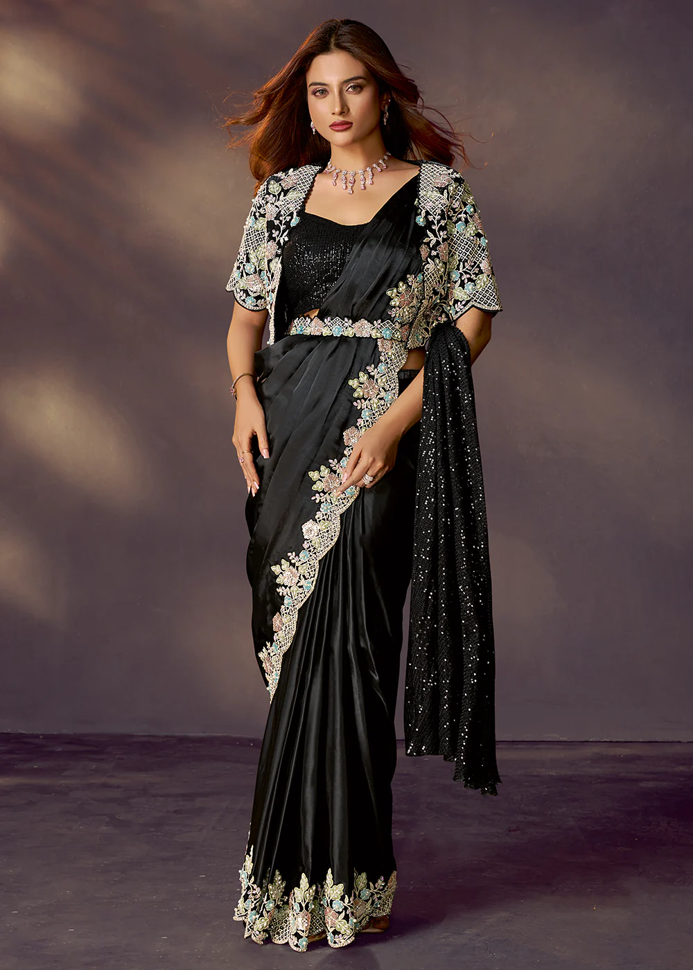 Black Designer Party Style Pre Draped Saree