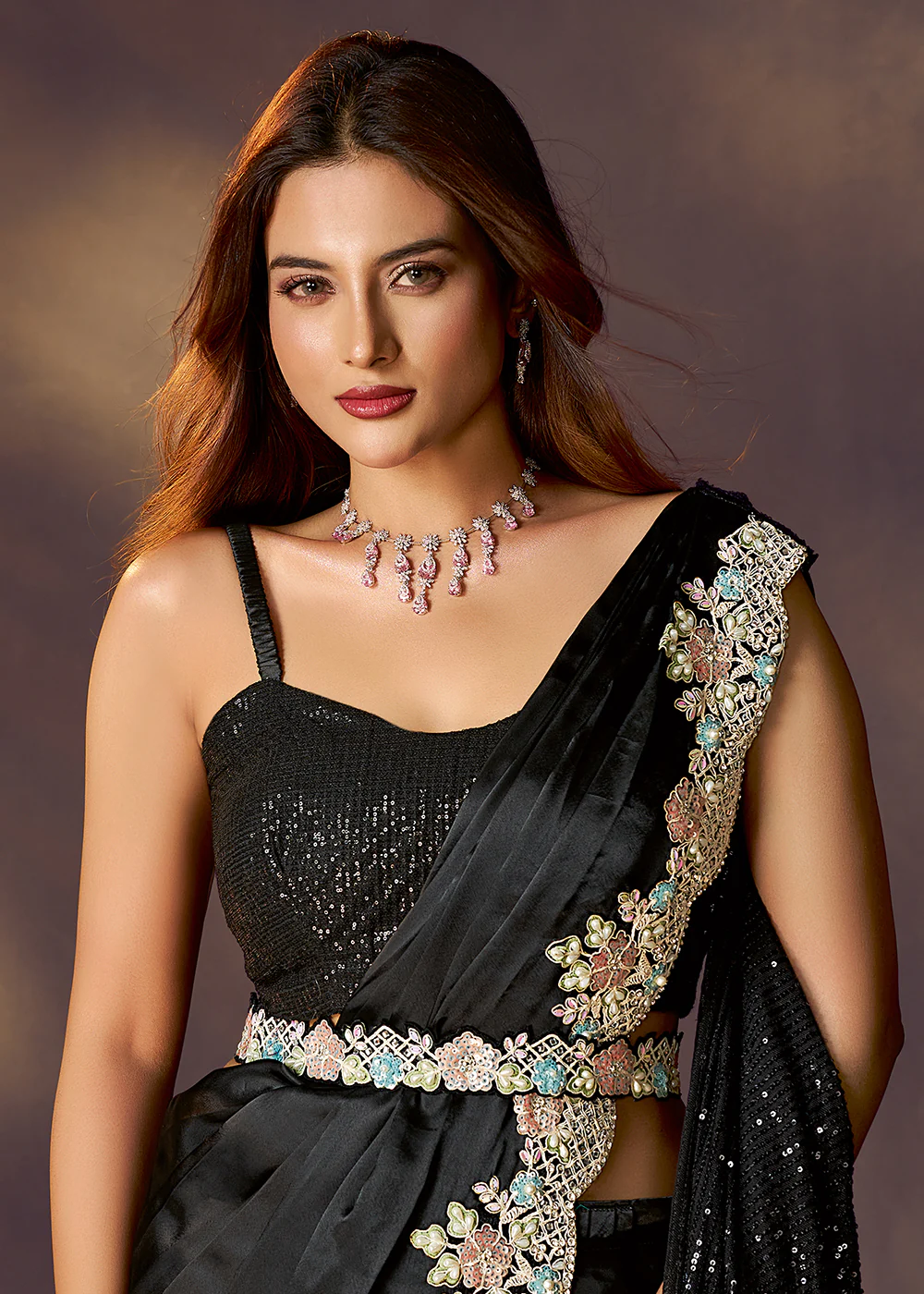 Black Designer Party Style Pre Draped Saree - Image 3