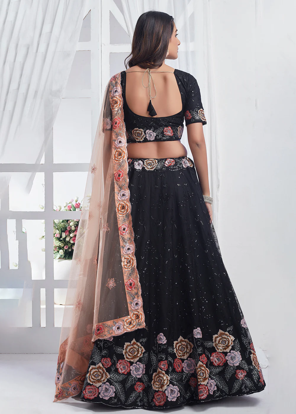 Black Designer Style Embroidered Wedding Lehenga Choli - Image 3
