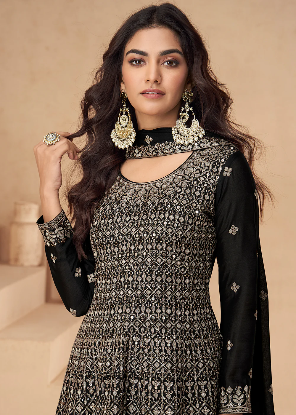 Black Designer Style Embroidered Palazzo Style Dress - Image 2