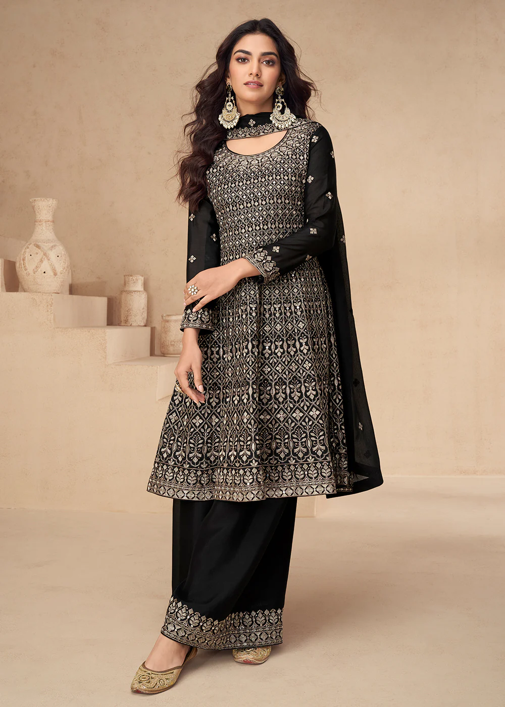Black Designer Style Embroidered Palazzo Style Dress - Image 3