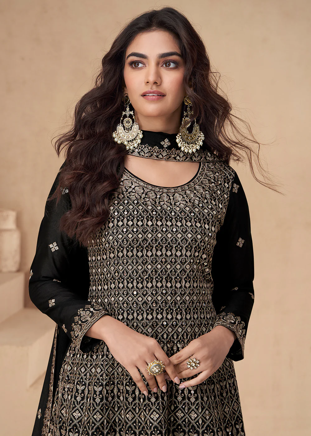 Black Designer Style Embroidered Palazzo Style Dress - Image 4