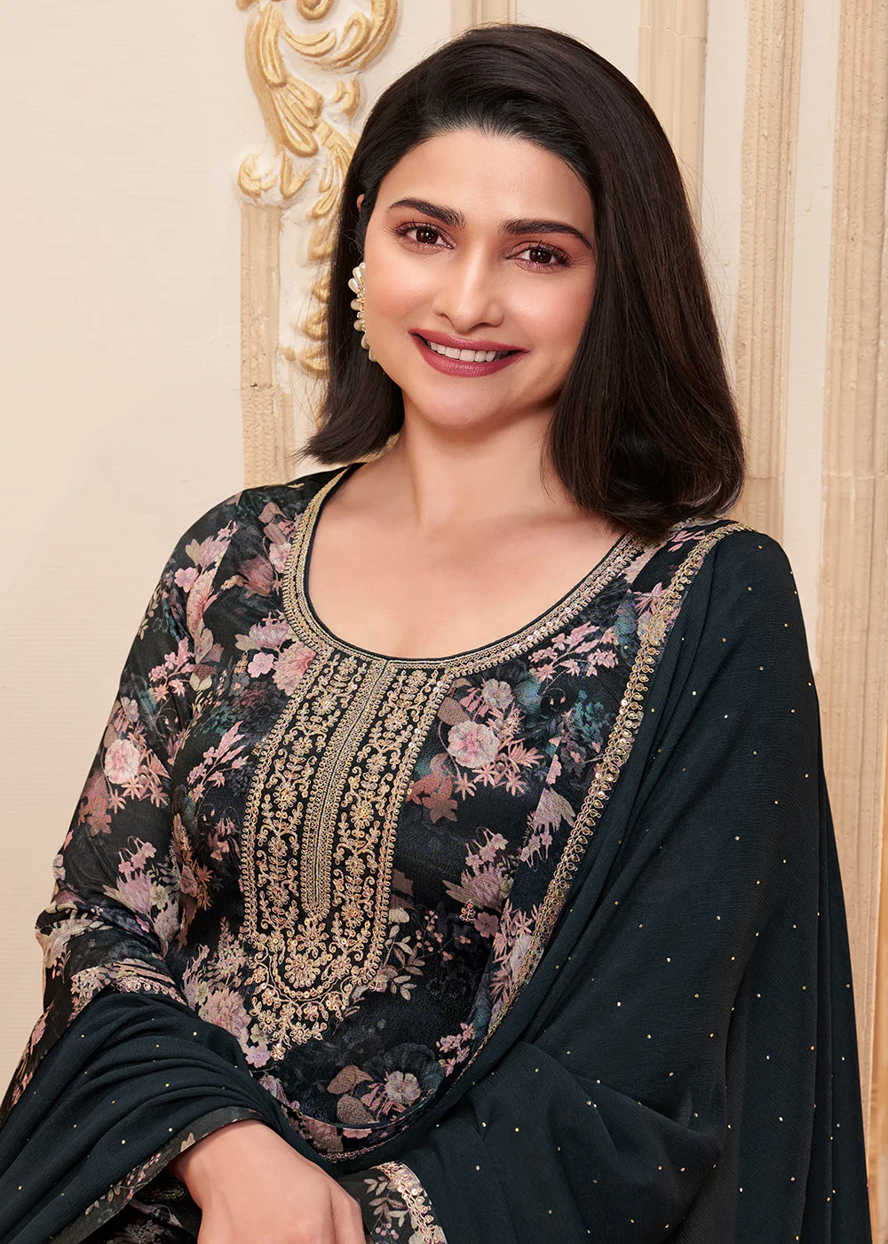 Black Digital Printed Chinnon Festive Salwar Kameez - Image 2