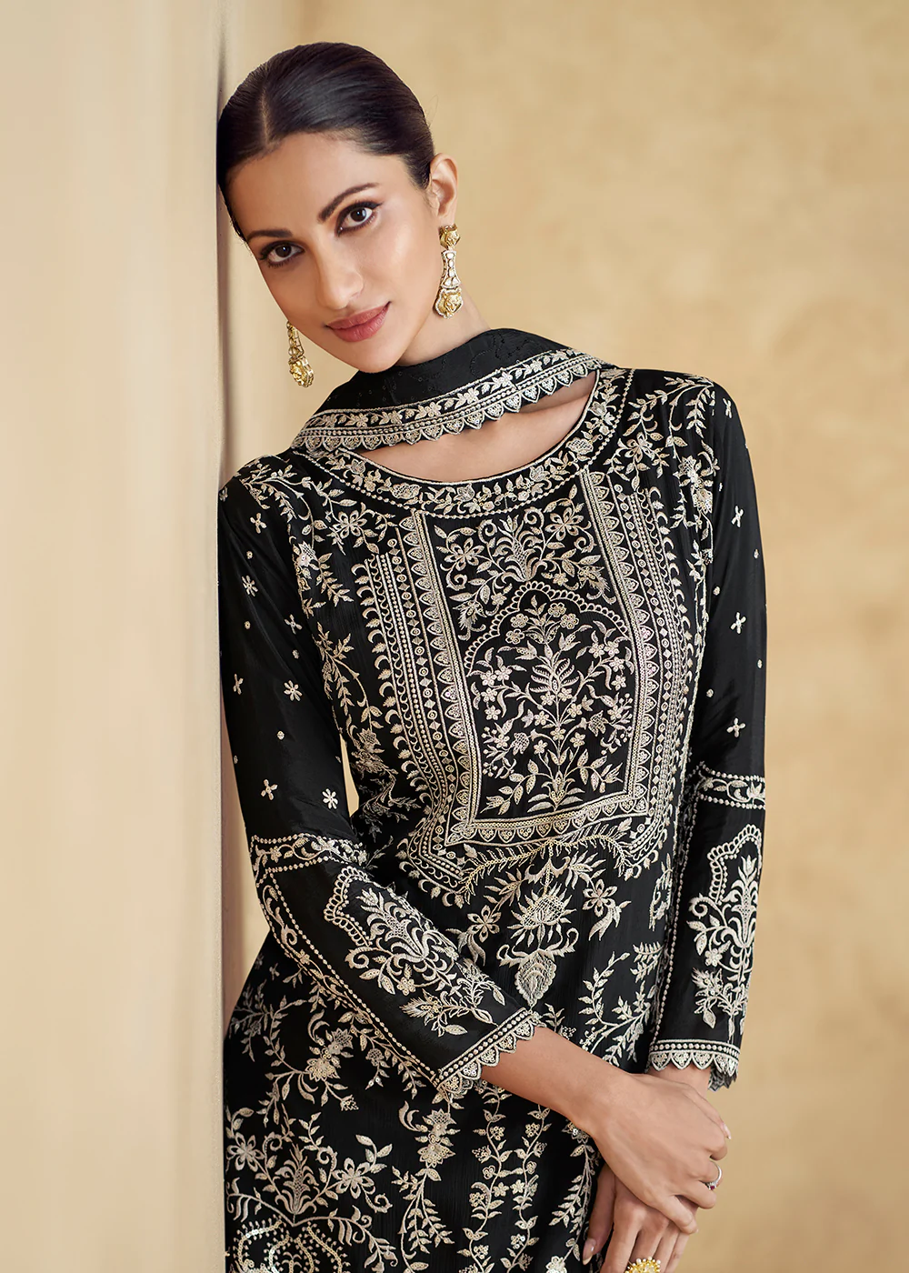 Black Embroidered Chinnon Silk Designer Salwar Suit - Image 2