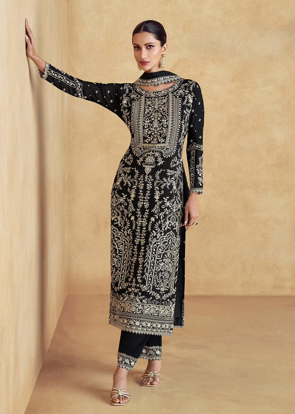 Black Embroidered Chinnon Silk Designer Salwar Suit - Image 3