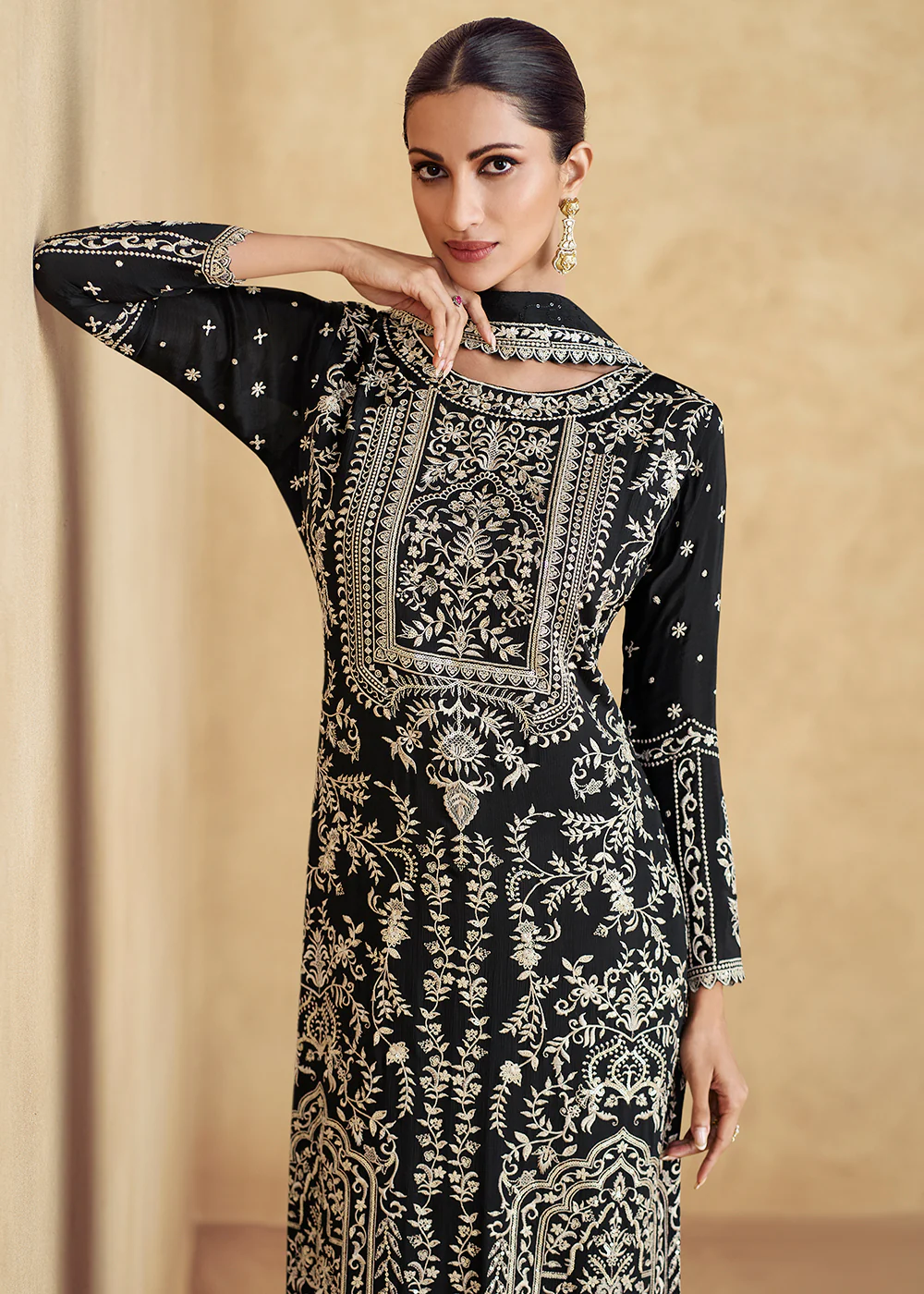 Black Embroidered Chinnon Silk Designer Salwar Suit - Image 4