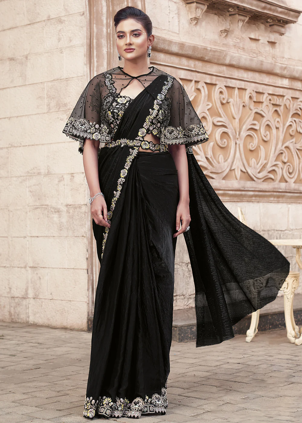 Black Embroidered Designer Ready to Wear Saree