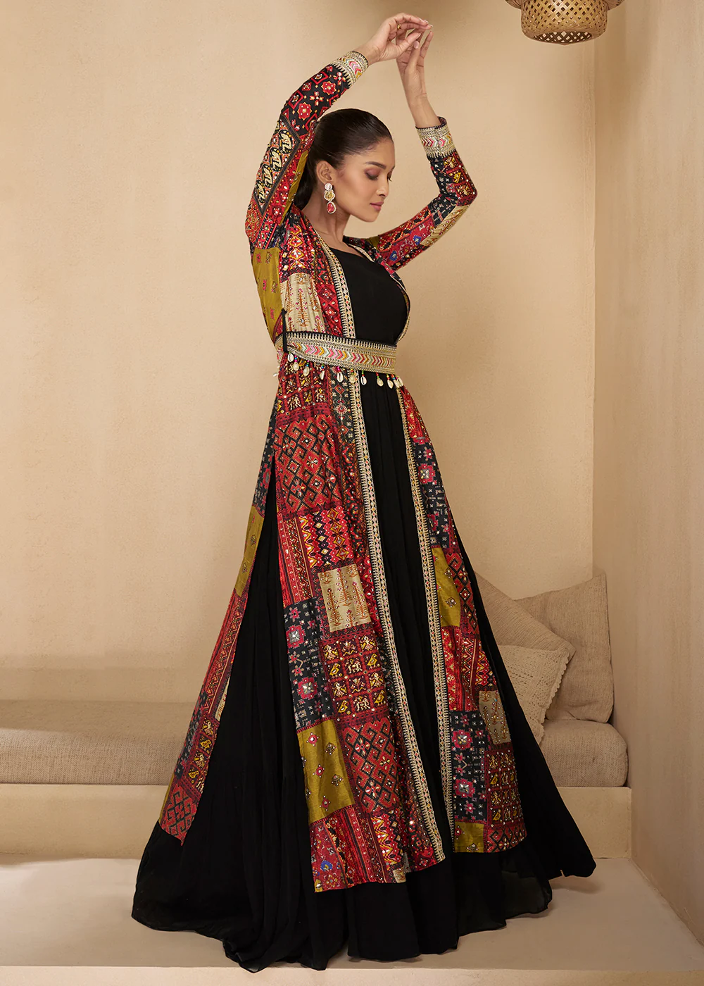 Black Embroidered Georgette Shrug Style Anarkali Suit - Image 5