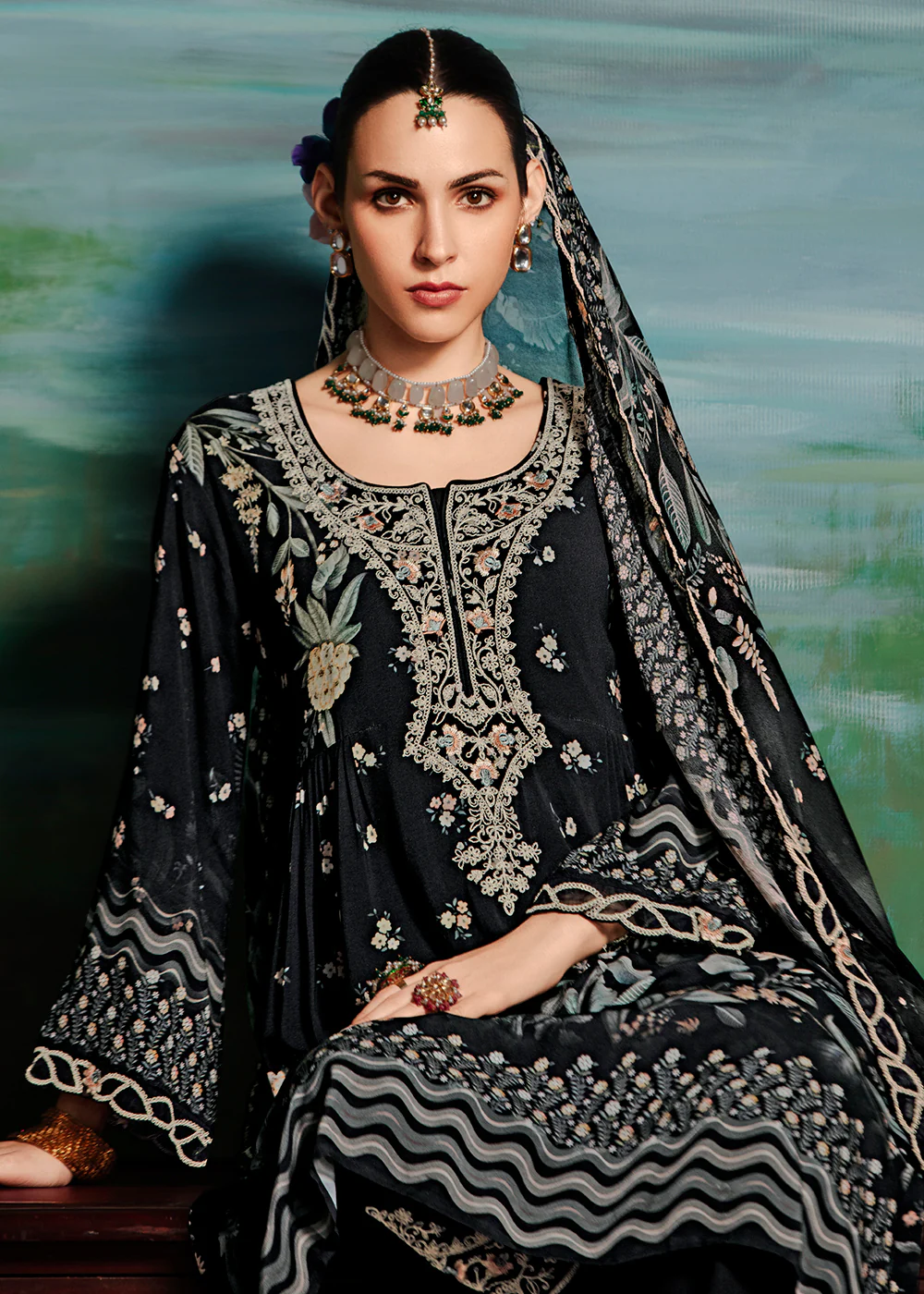 Black Embroidered Muslin Festive Style Salwar Suit - Image 2
