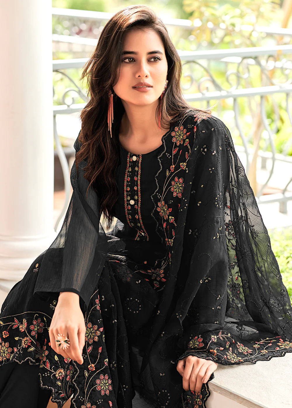 Black Embroidered Organza Chiffon Festive Salwar Suit - Image 2