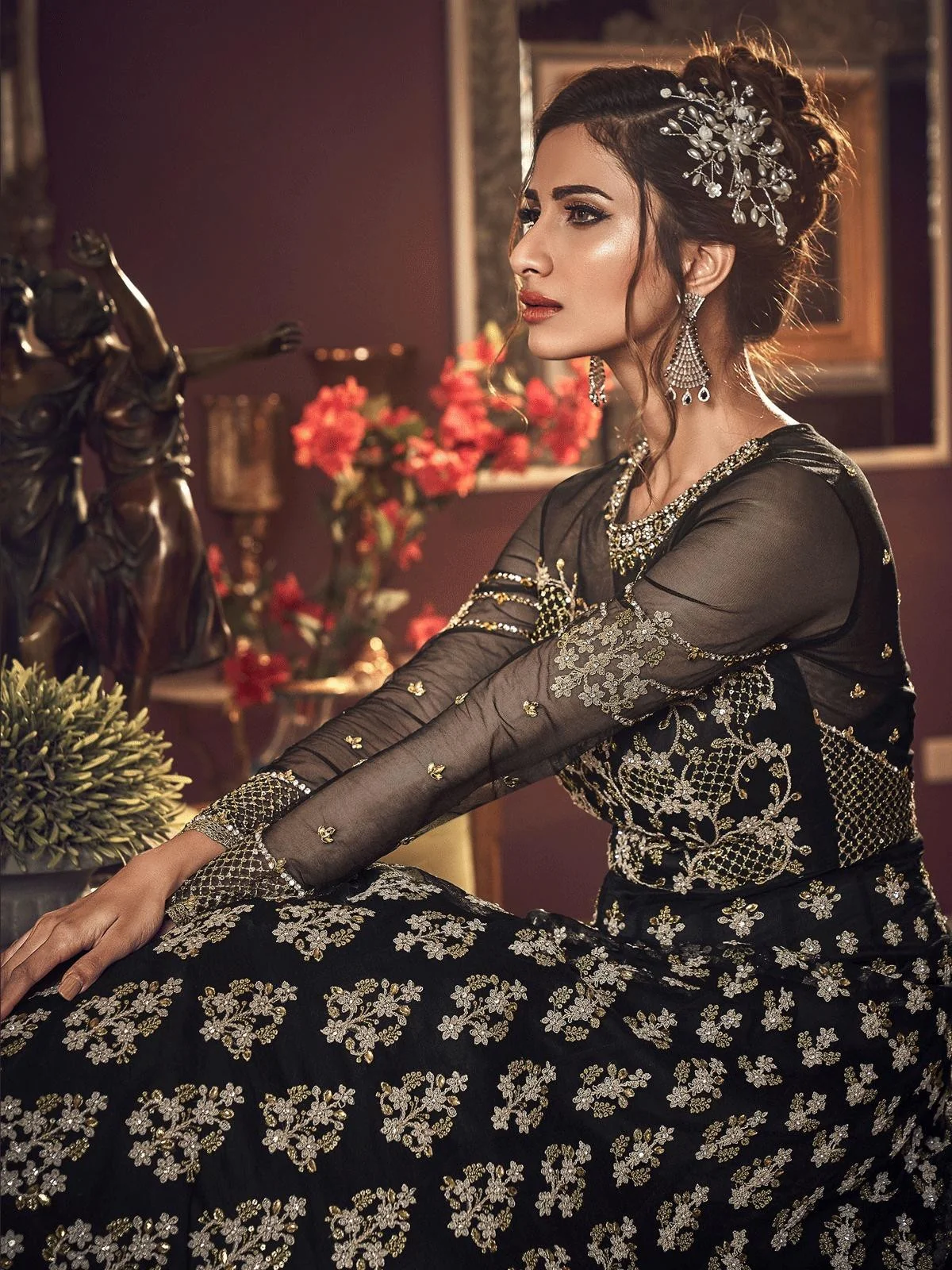 Black Embroidered Traditional Anarkali Suit - Image 3