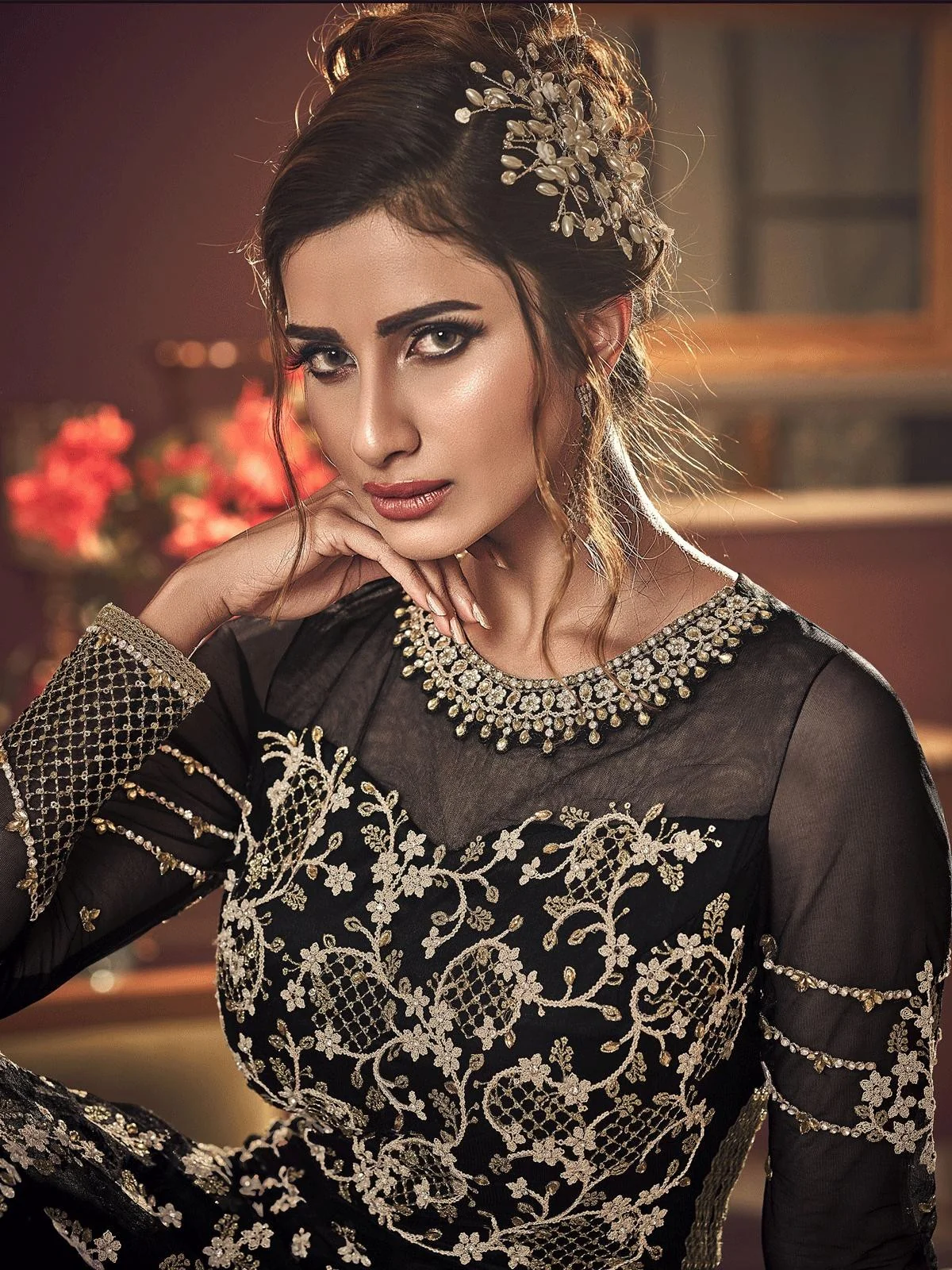 Black Embroidered Traditional Anarkali Suit - Image 4