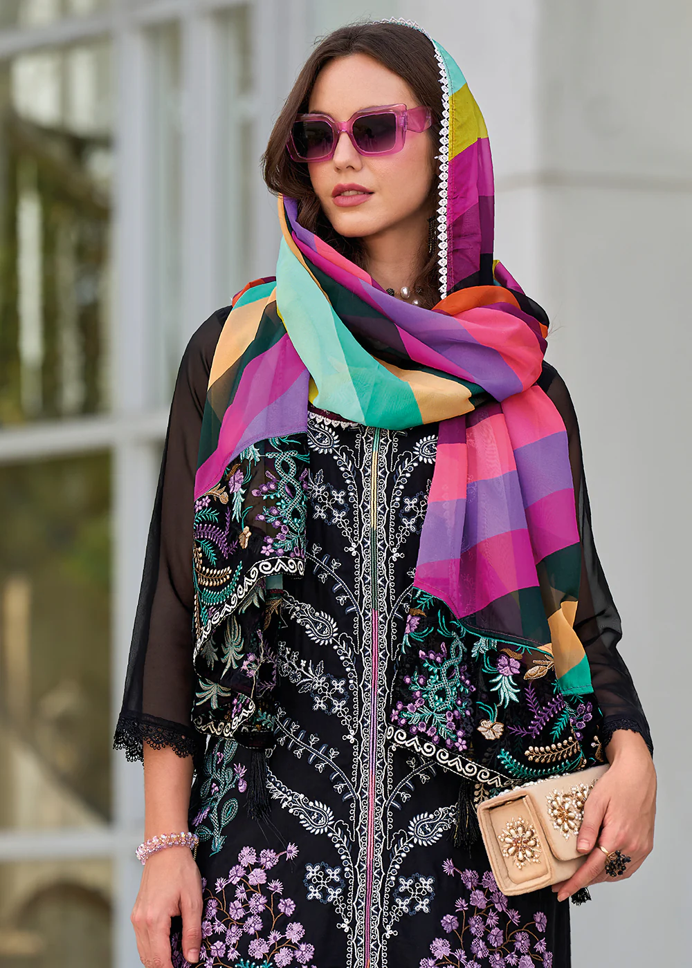 Black Fancy Embroidered Organza Pant Style Salwar Suit - Image 2