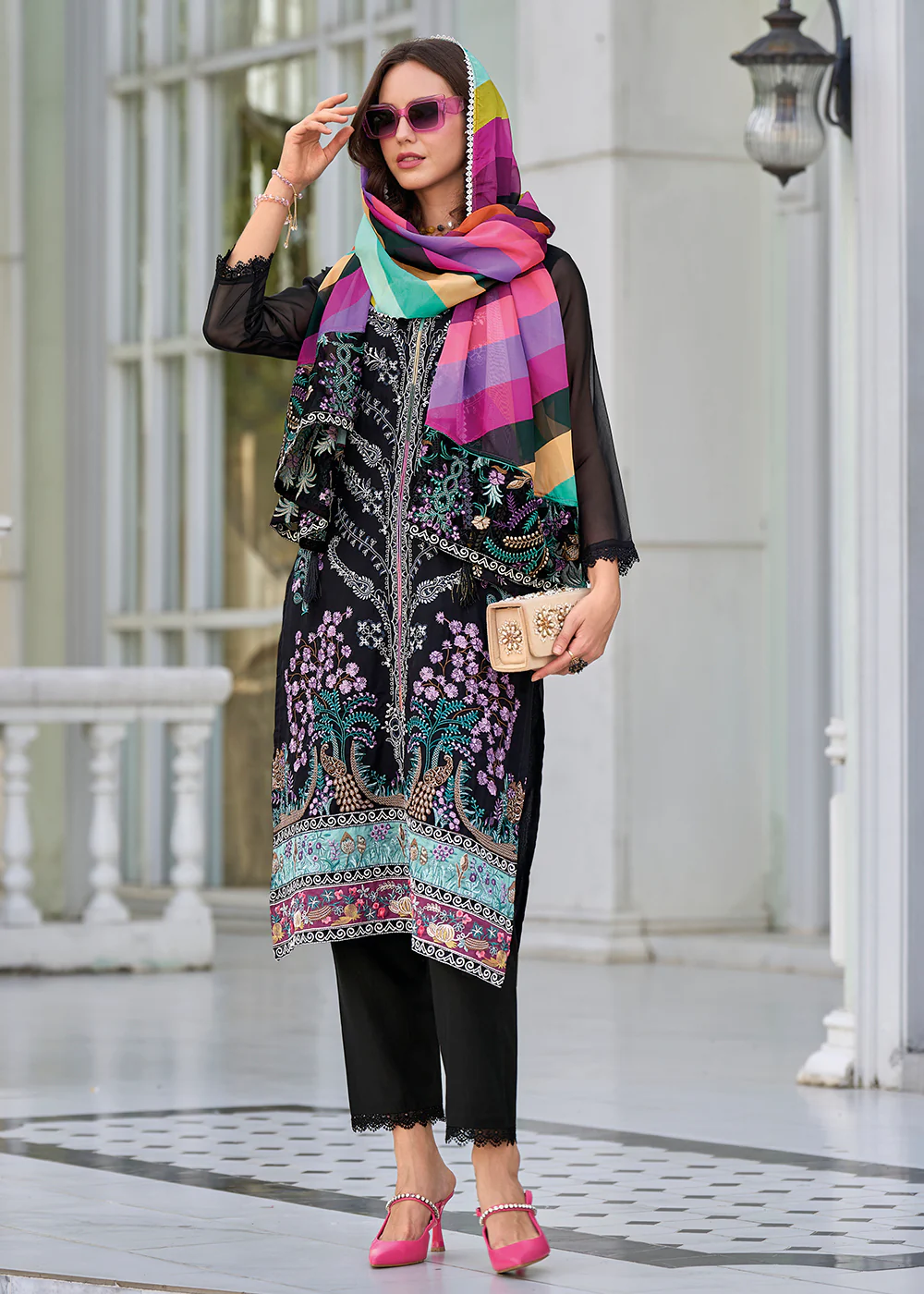 Black Fancy Embroidered Organza Pant Style Salwar Suit - Image 3