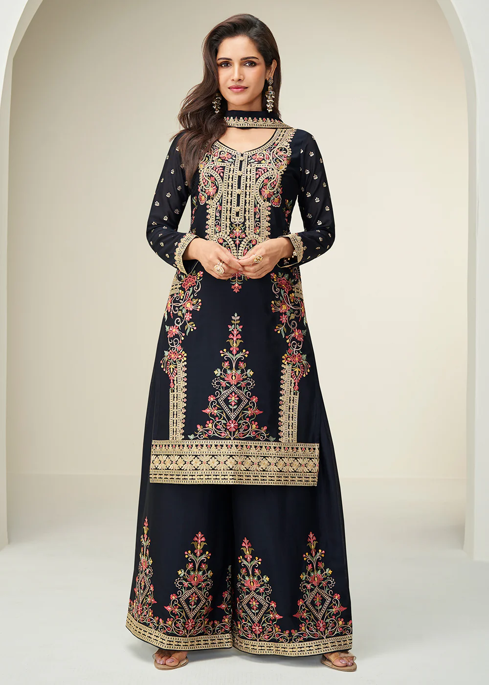 Black Festive Style Embroidered Ethnic Palazzo Suit