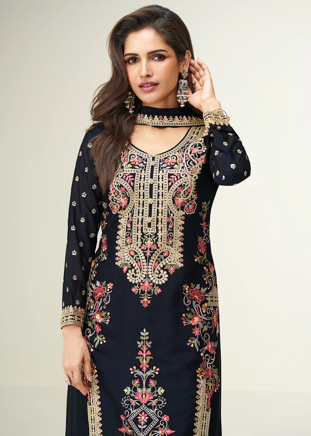 Black Festive Style Embroidered Ethnic Palazzo Suit - Image 2
