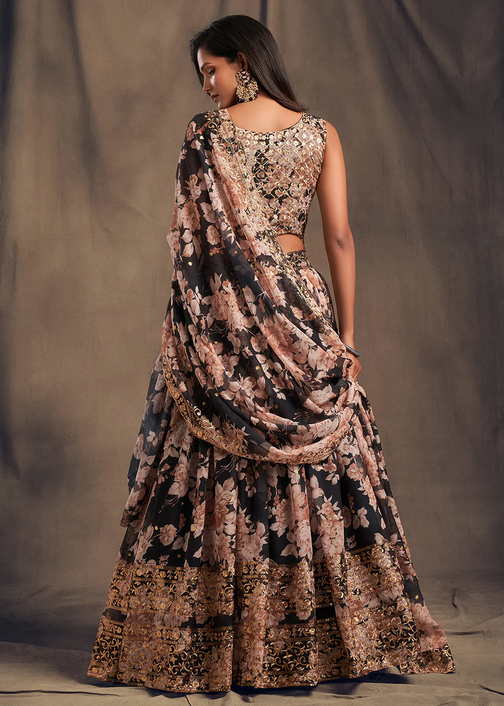 Black Floral Embroidered Organza Wedding Lehenga Choli - Image 3