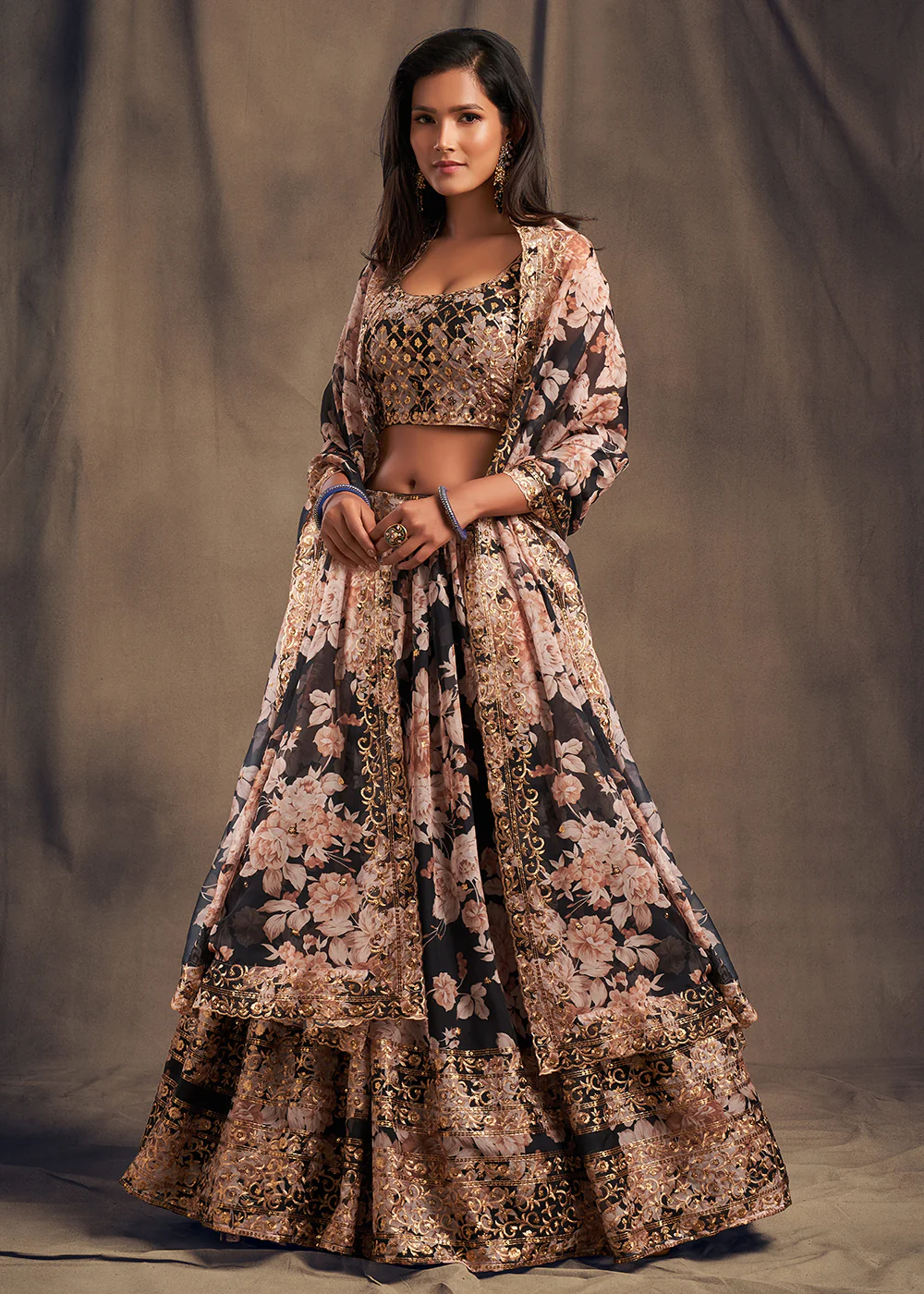 Black Floral Embroidered Organza Wedding Lehenga Choli - Image 4