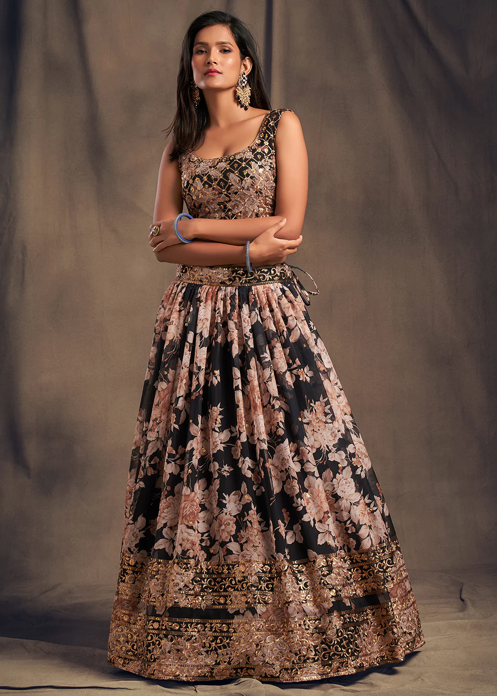 Black Floral Embroidered Organza Wedding Lehenga Choli - Image 5