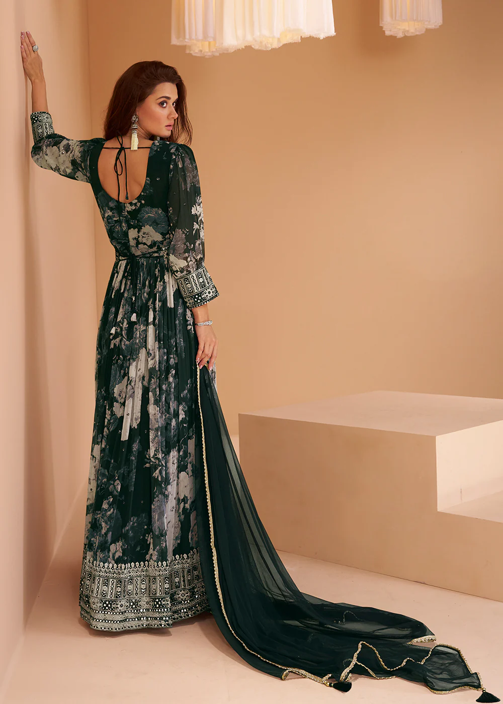 Black Floral Printed Wedding Festive Anarkali Gown - Image 3