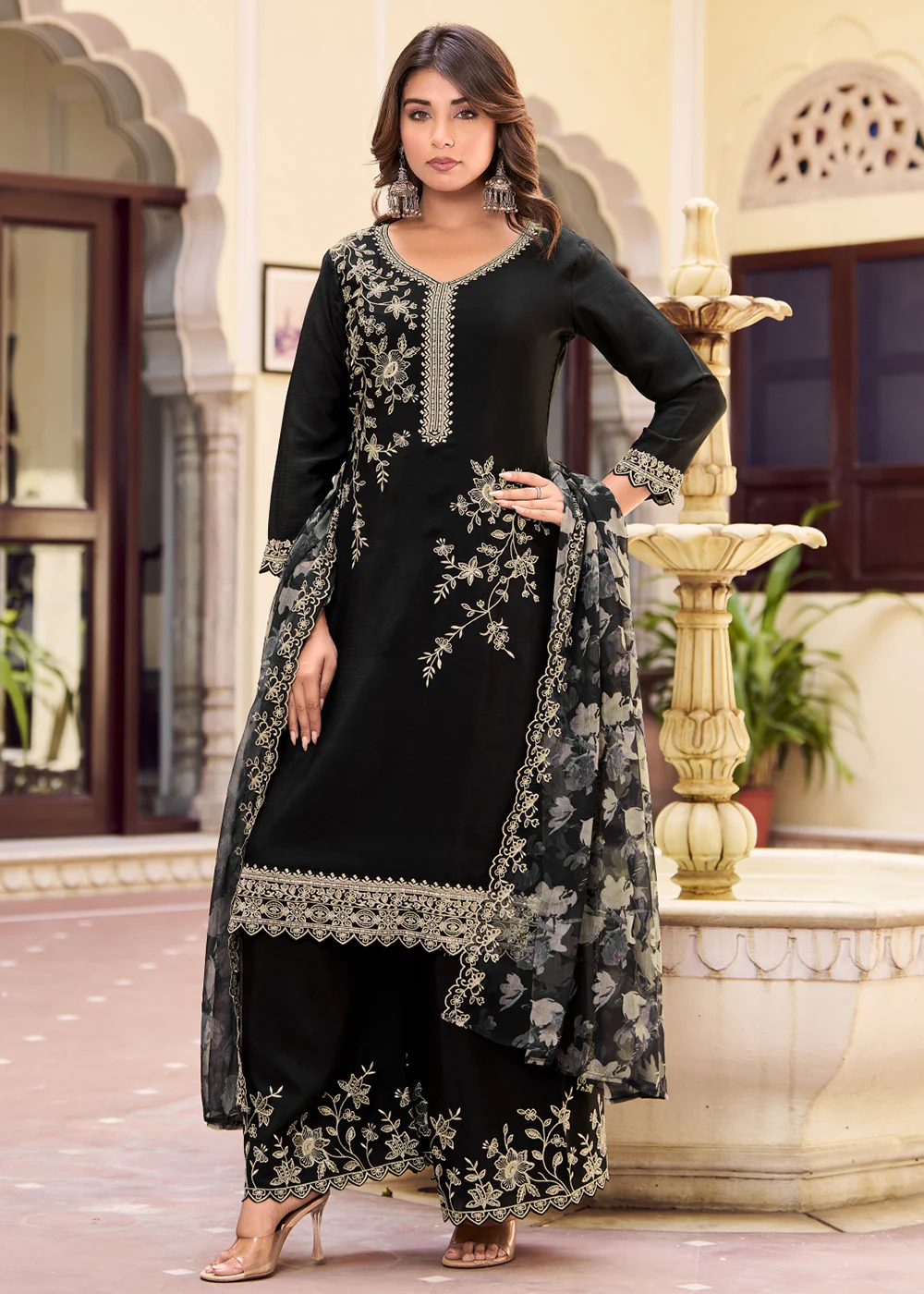Black Floral Threads & Sequins Festive Palazzo Suit