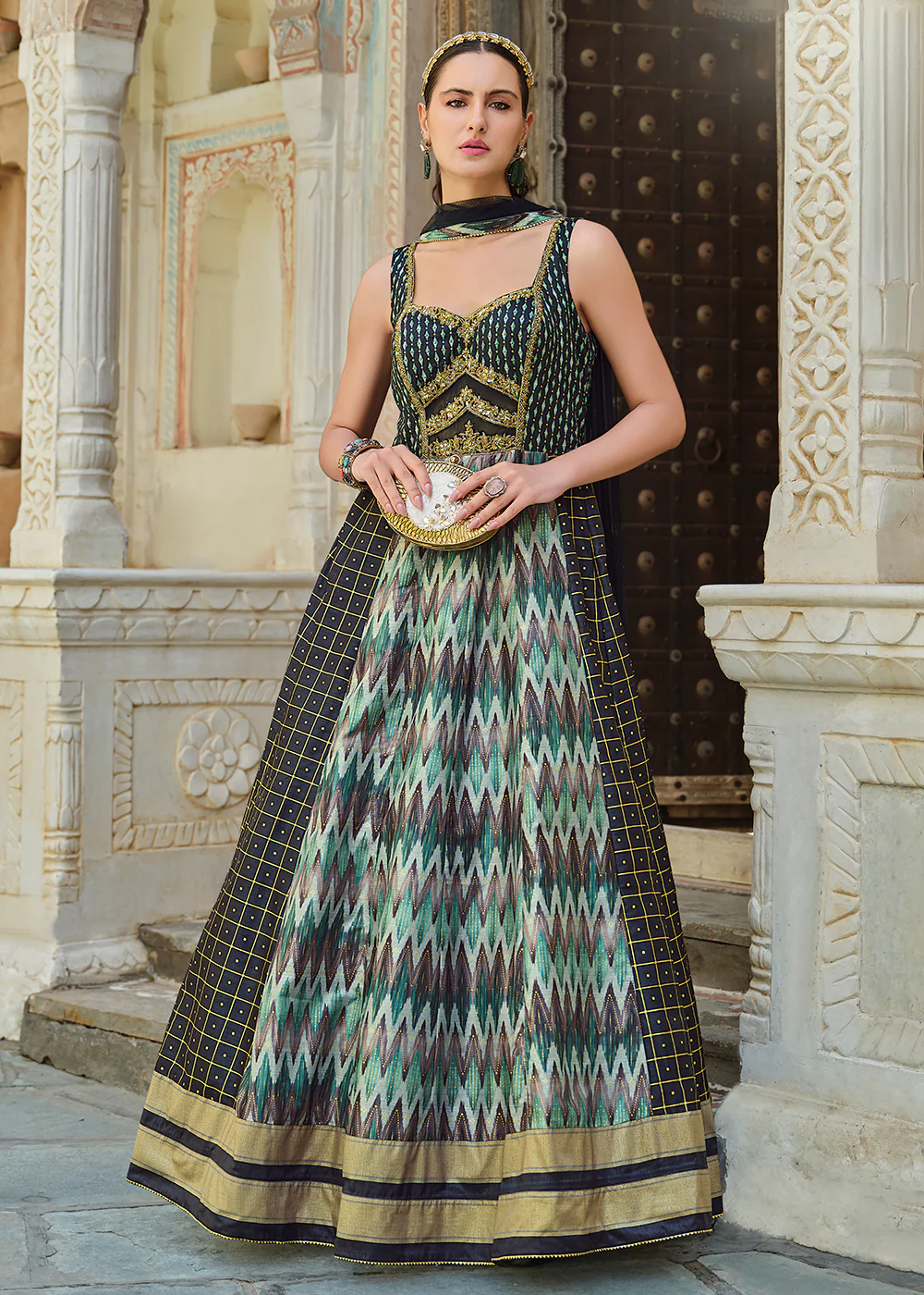 Black Foil Printed Silk Embroidered Festive Anarkali Gown