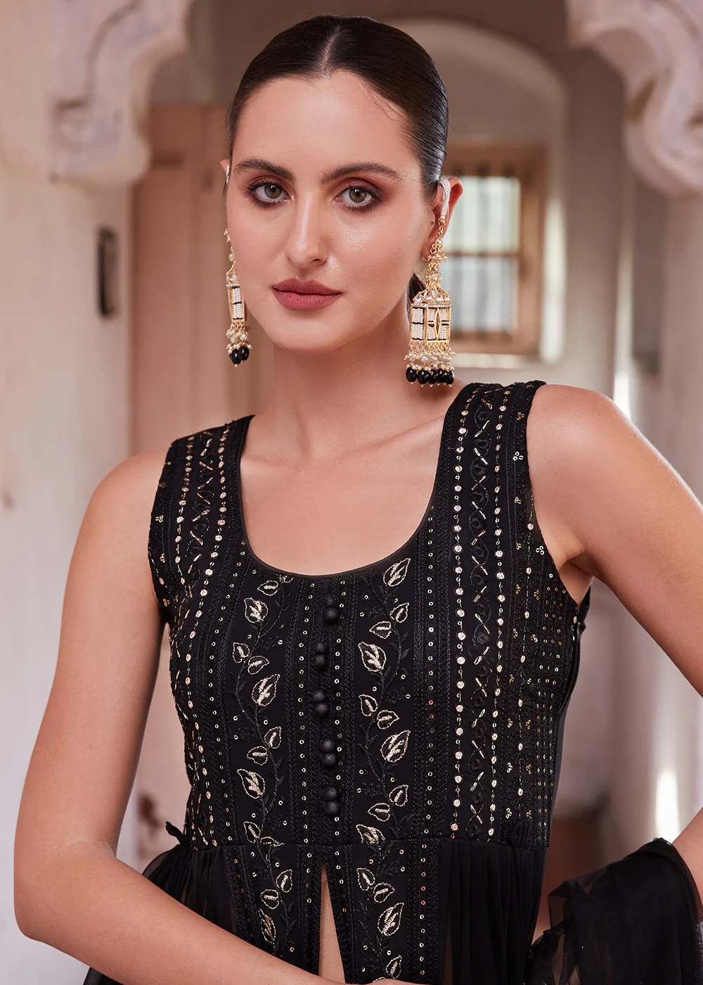 Black Front Slit Style Pant Style Party Wear Suit - Image 5