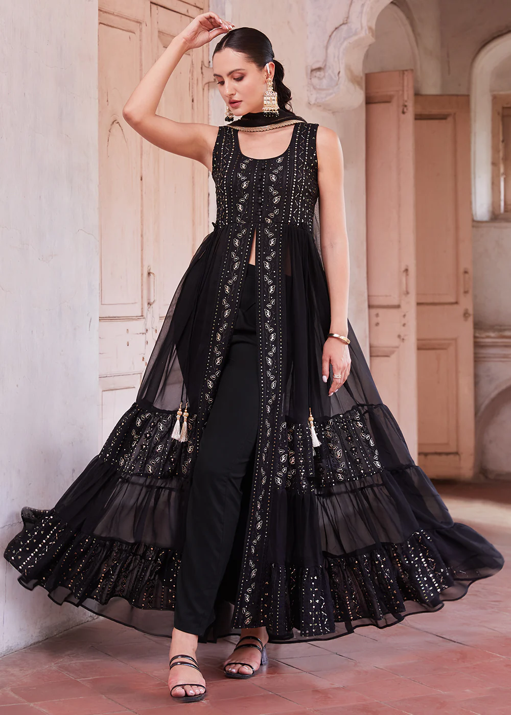 Black Front Slit Style Pant Style Party Wear Suit - Image 6