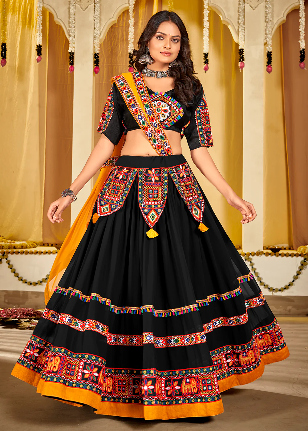 Black Gamthi Work Georgette Navratri Special Chaniya Choli