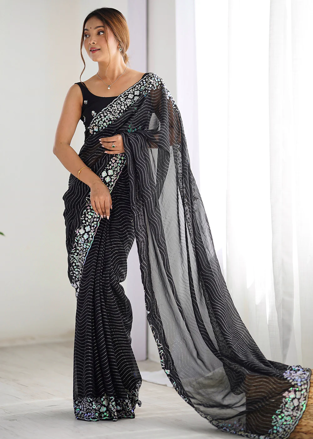 Black Georgette Designer Sequins Work Party Wear Saree