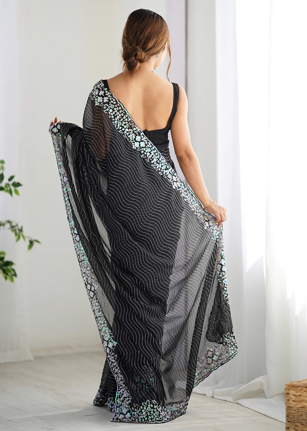 Black Georgette Designer Sequins Work Party Wear Saree - Image 3