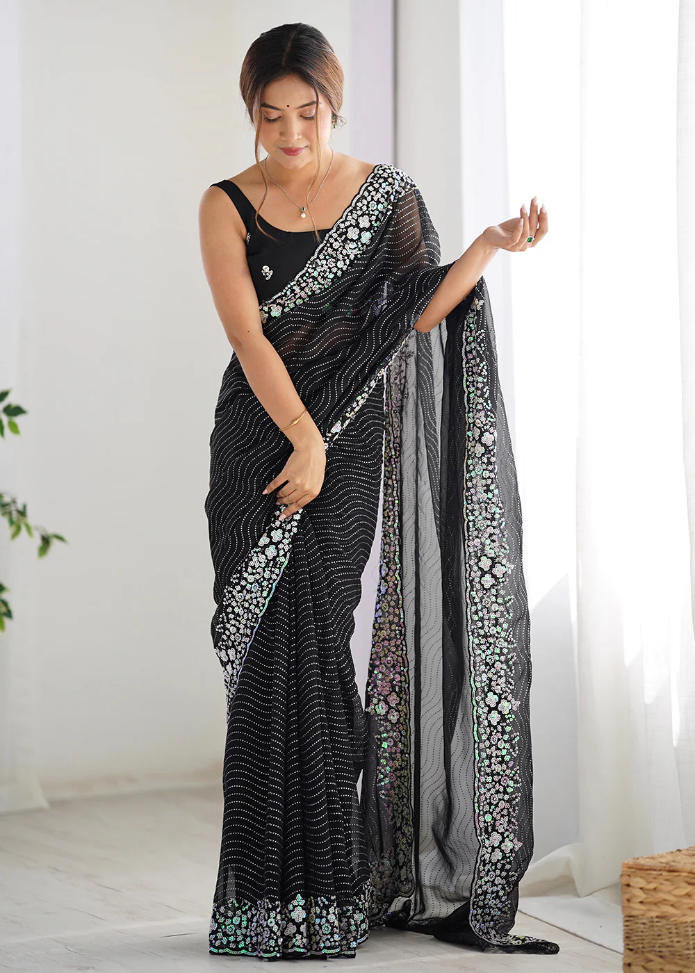 Black Georgette Designer Sequins Work Party Wear Saree - Image 4