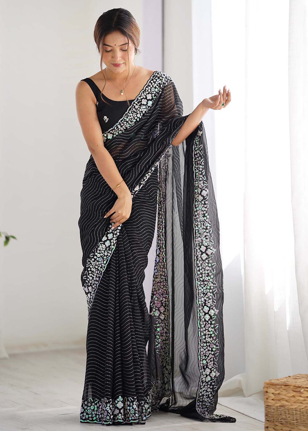 Black Georgette Designer Sequins Work Party Wear Saree - Image 7