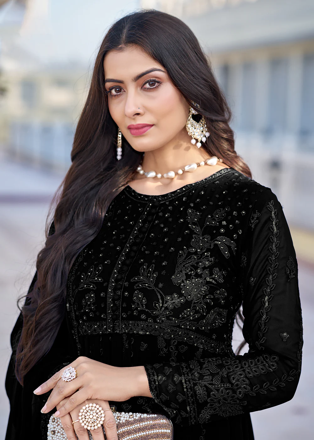 Black Georgette Embroidered Frock Style Salwar Suit - Image 2