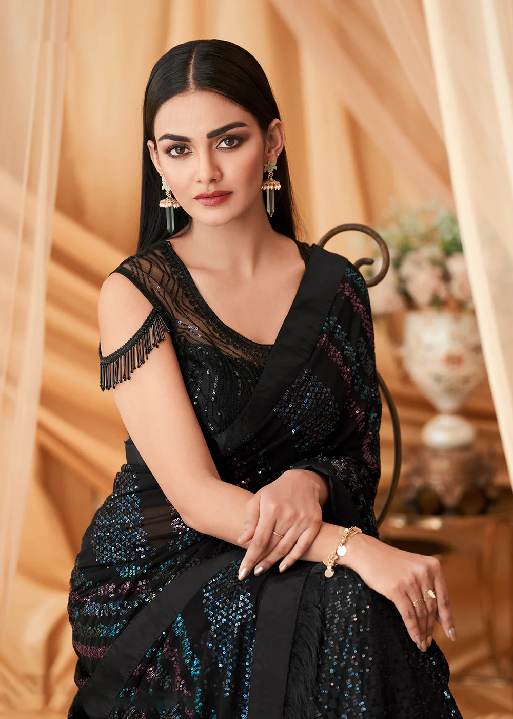 Black Georgette Silk Embroidered Festive Party Saree - Image 2