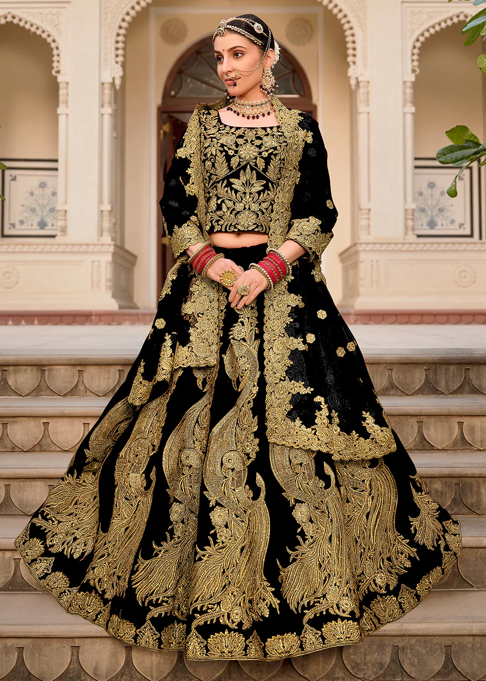 Black & Gold Embroidered Velvet Wedding Lehenga Choli