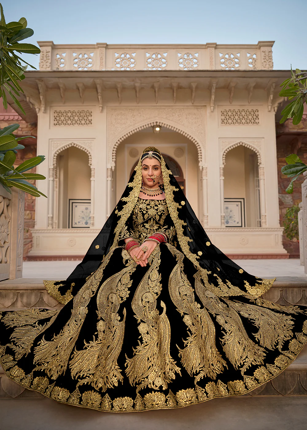 Black & Gold Embroidered Velvet Wedding Lehenga Choli - Image 3