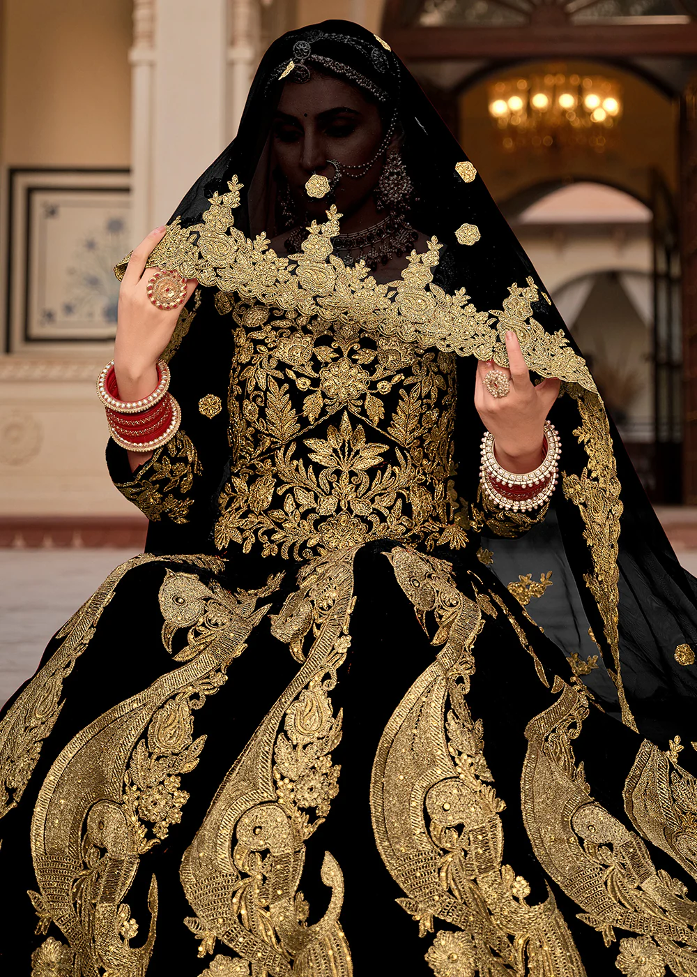 Black & Gold Embroidered Velvet Wedding Lehenga Choli - Image 4