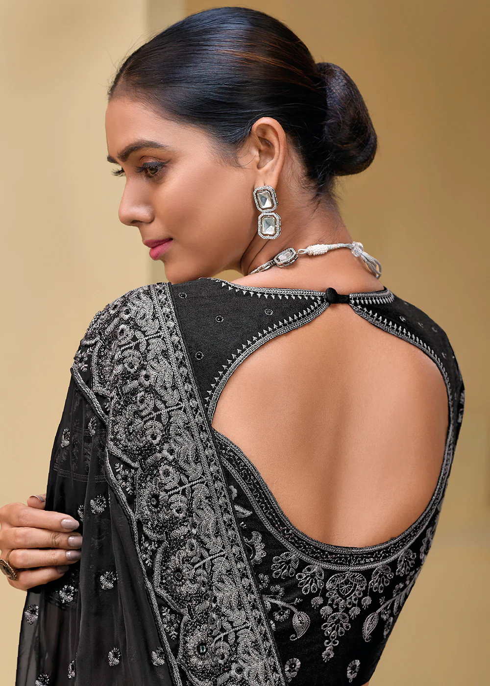 Black Grey Banarasi Silk Embroidered Designer Saree - Image 3