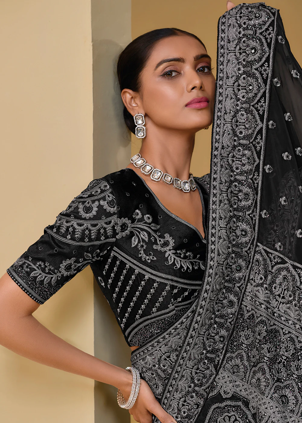 Black Grey Banarasi Silk Embroidered Designer Saree - Image 4