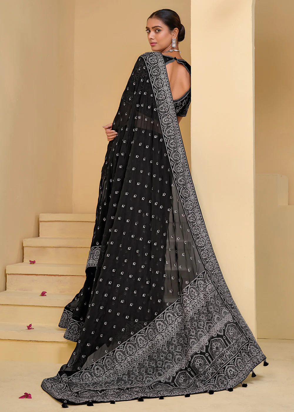 Black Grey Banarasi Silk Embroidered Designer Saree - Image 5