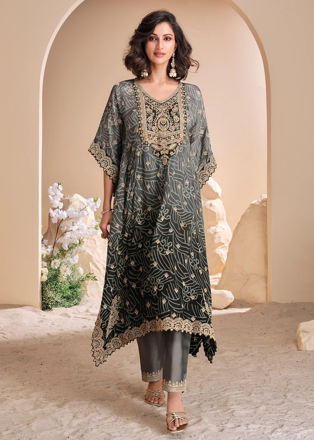 Black & Grey Ombre Pant Style Hand Embellished Kaftan Style Dress