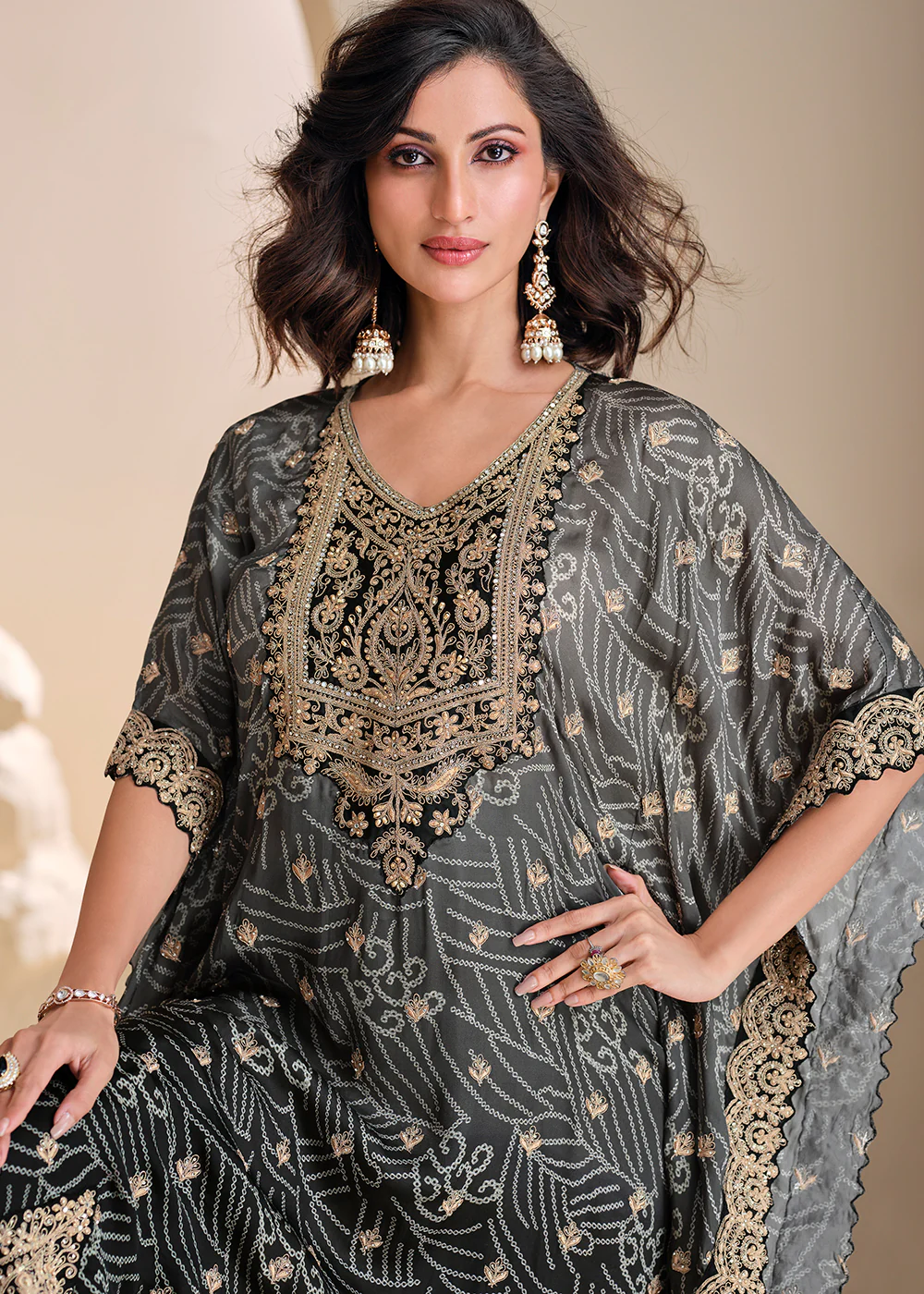 Black & Grey Ombre Pant Style Hand Embellished Kaftan Style Dress - Image 2