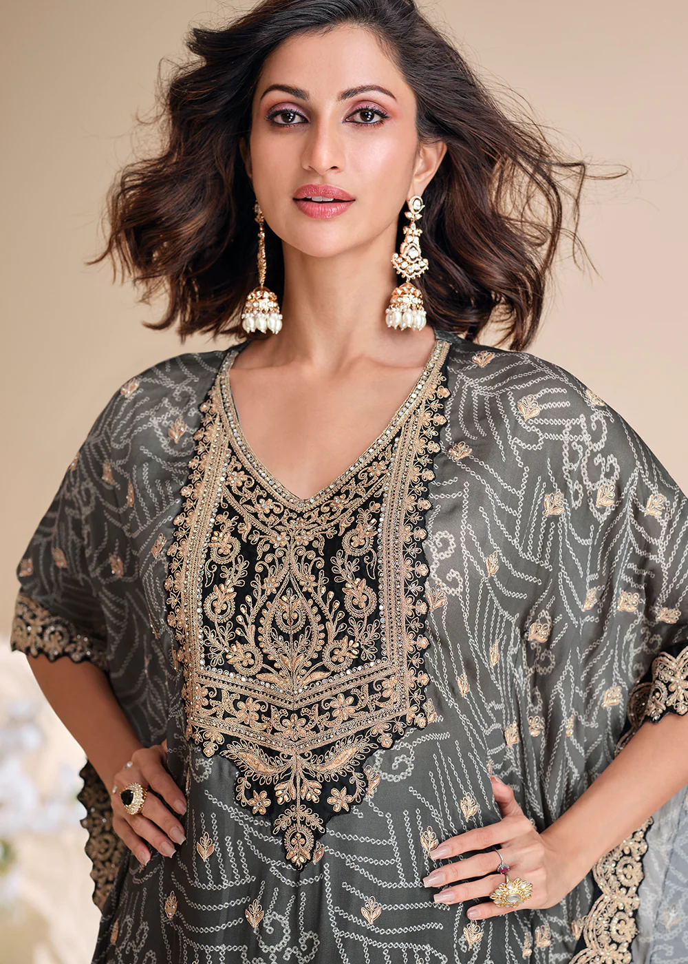Black & Grey Ombre Pant Style Hand Embellished Kaftan Style Dress - Image 3