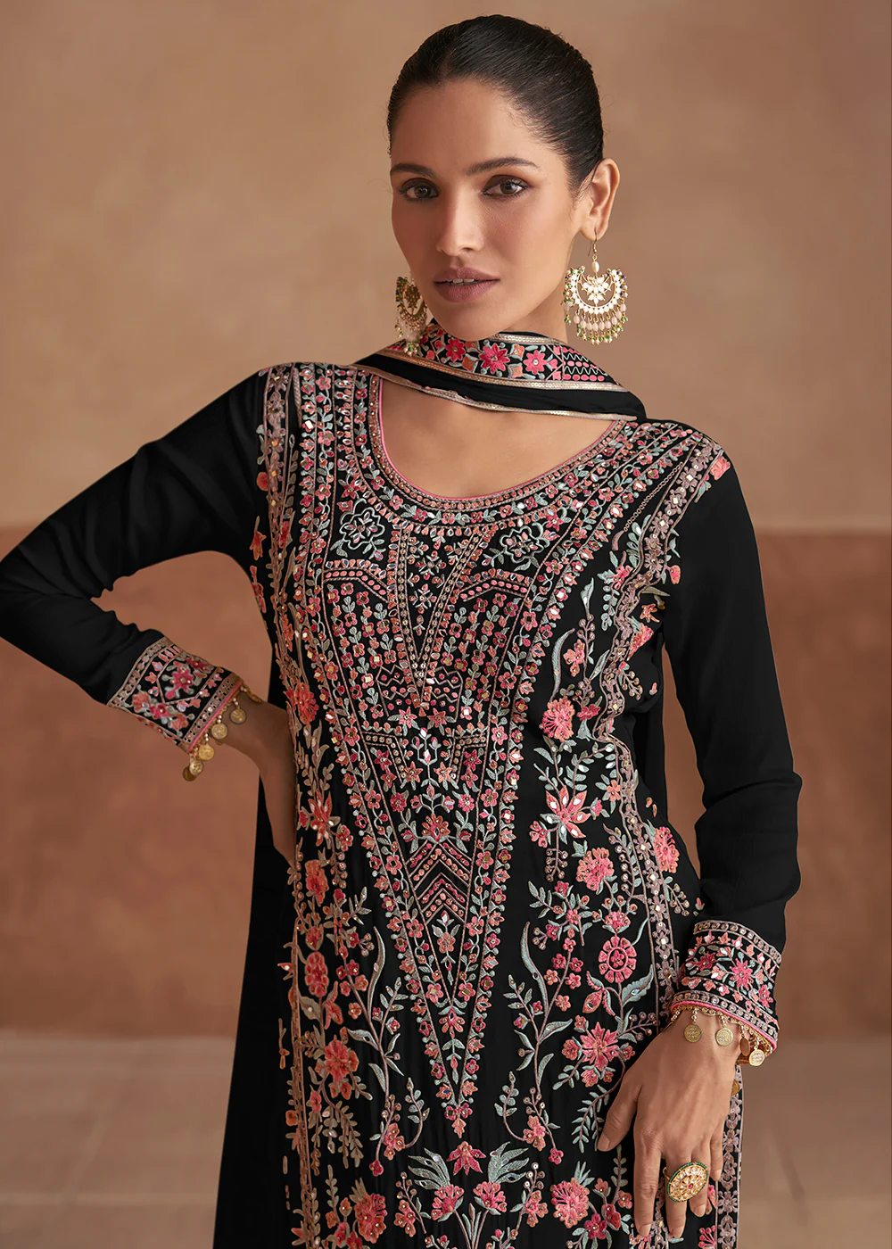Black Handwork Embroidered Festive Palazzo Style Suit - Image 2