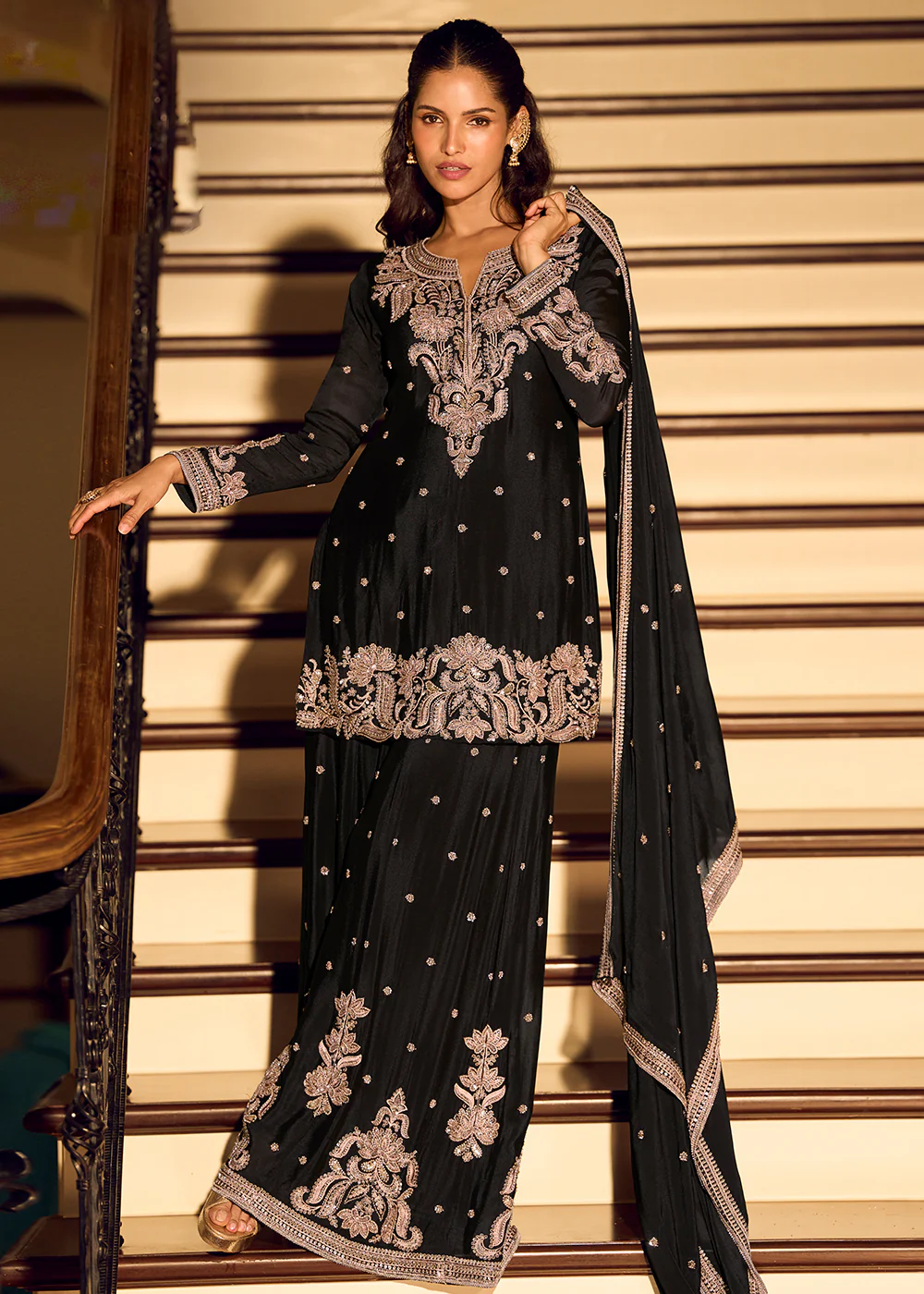 Black Heavy Beads Work Wedding Sharara Suit