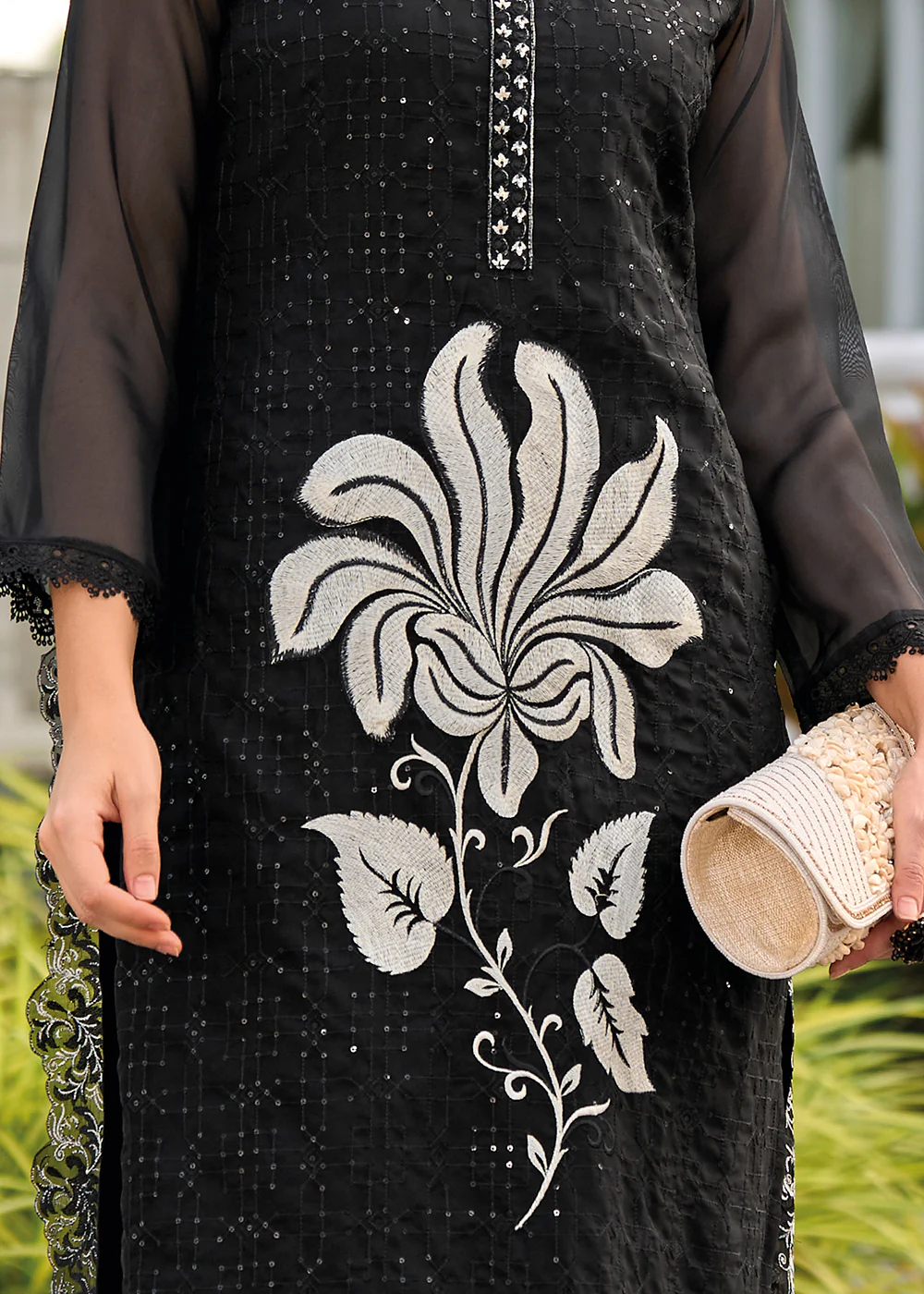 Black Heavy Organza GPU Lace Work Pant Style Salwar Suit - Image 5