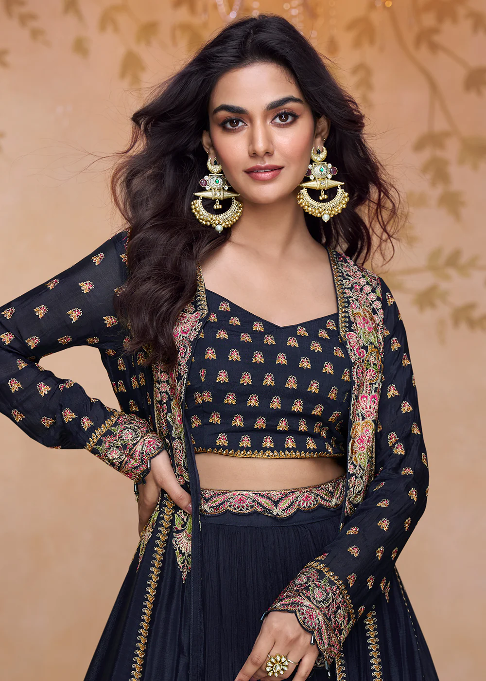 Dark Blue Jacket Style Embroidered Designer Lehenga Choli - Image 2