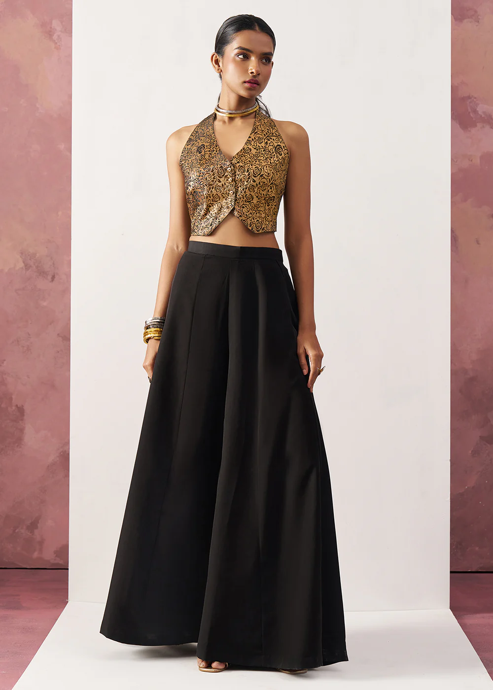 Black Jacquard Waistcoat Style Indo Western Skirt Suit - Image 6
